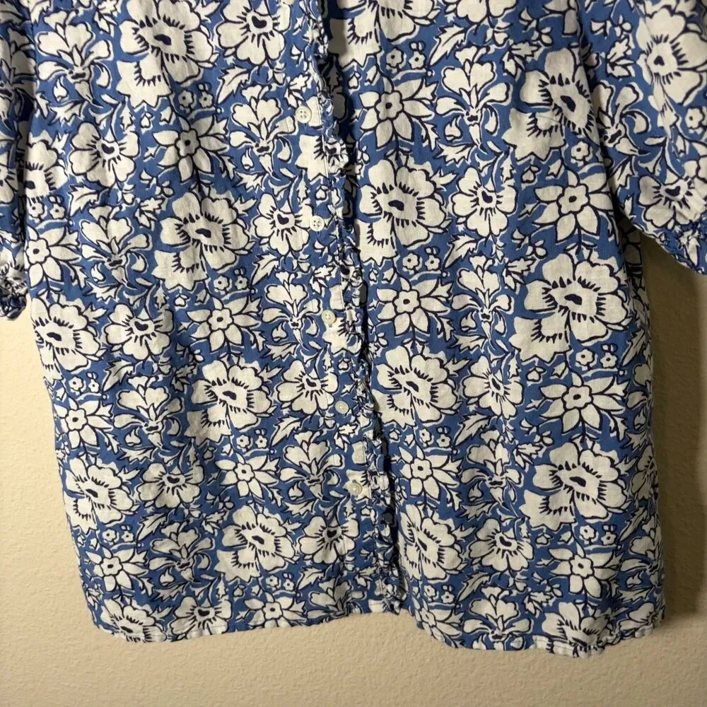 J Crew Blouse Women's Small Blue Floral Button Up Short Sleeve Casual Printed